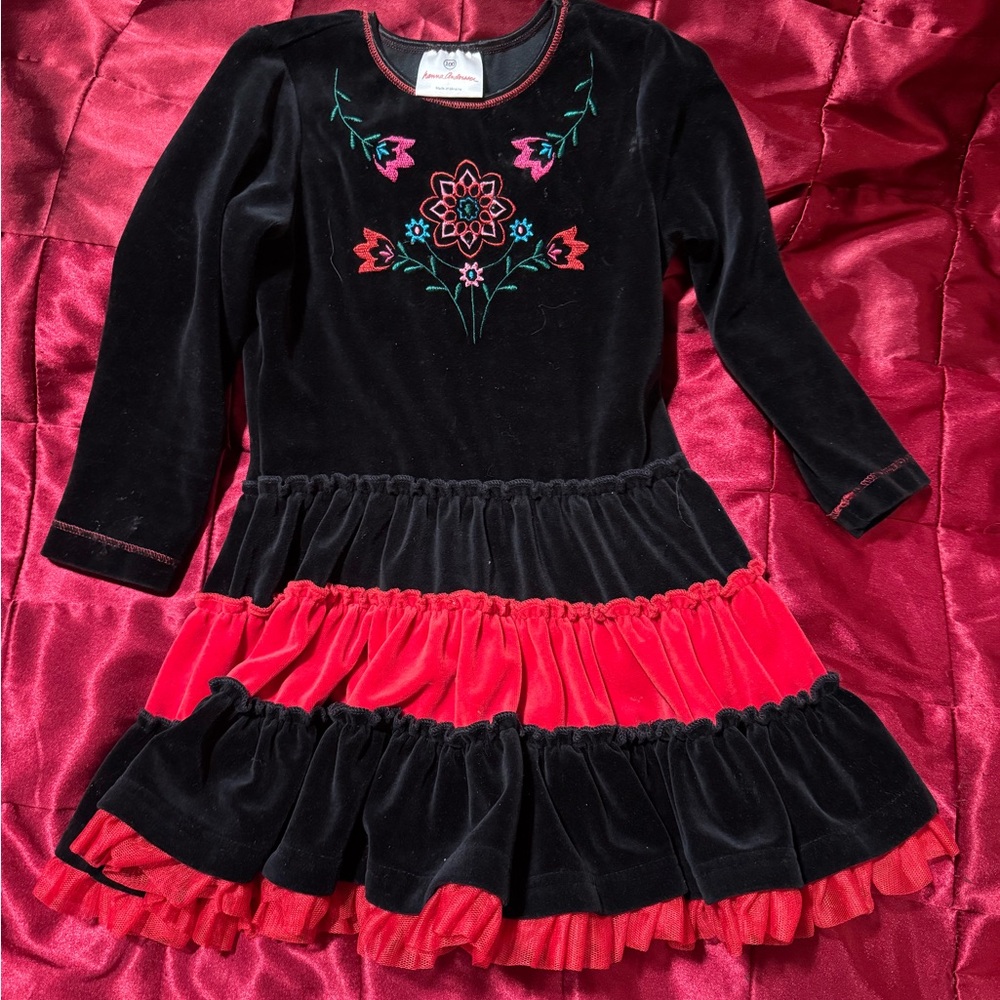 Hanna Andersson Black and Red embroidered velour dress
